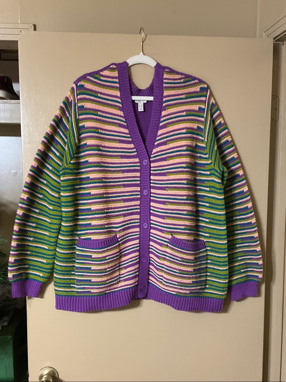LOGO Striped V-Neck Cardigan Sweater in Purple, Green, and Pink